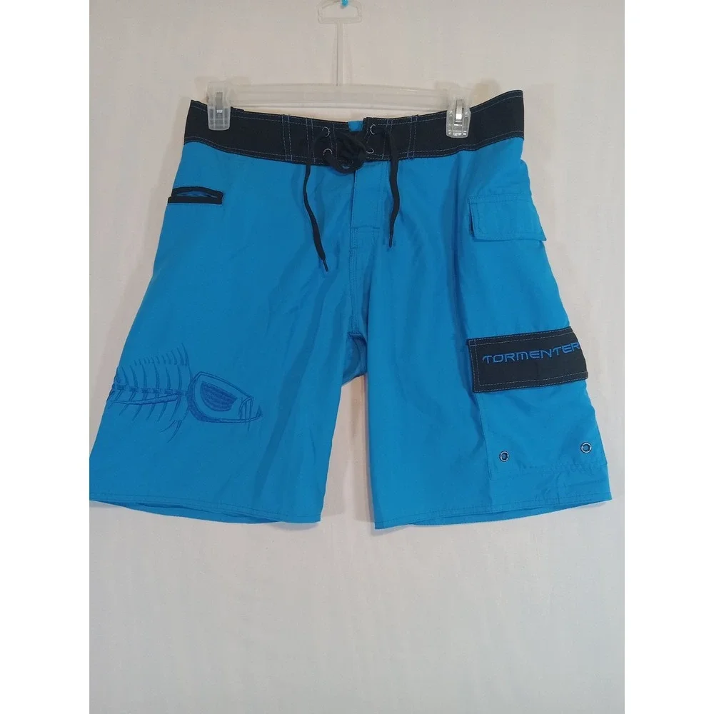 Tormenter Fishbone Board Shorts Men's 32 Blue Cargo Swim Trunks Surfing Vacation